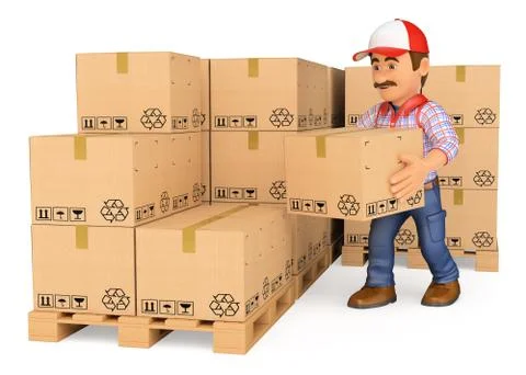 3D Storekeeper stacking boxes in a warehouse Stock Illustration