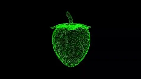3D strawberry on black bg. Object dissolved green flickering particles. Bus.. Illustrazione stock