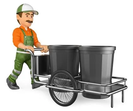 3D Street sweeper working with his garbage trolley Stock Illustration