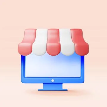 3D striped awning and computer. Stockillustratie