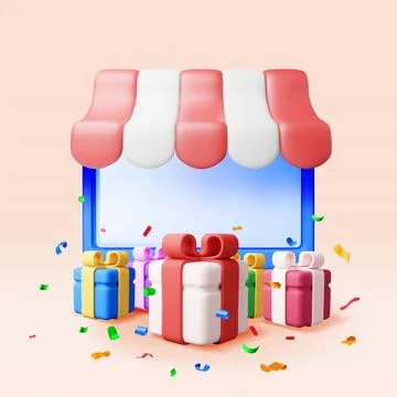 3D striped awning in computer and gift boxes. Illustrazione stock