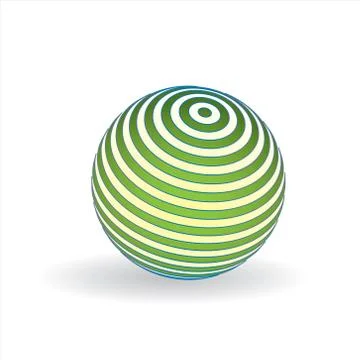 3D Striped ball logo. Sphere with lines of green-blue and yellow on a white b Stock Illustration