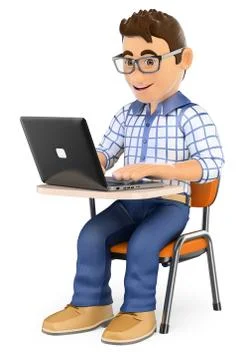 3D Student  in class with a laptop Stock Illustration
