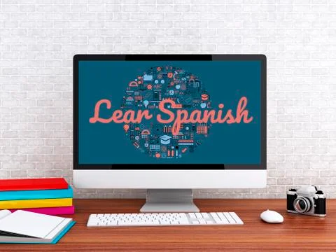 3d Student workspace with computer 스톡 일러스트