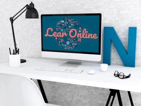 3d Student workspace with computer Stock Illustration