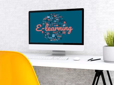 3d Student workspace with computer Stock Illustration