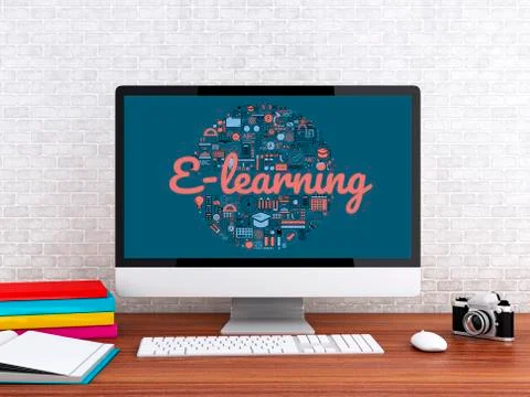 3d Student workspace with computer 스톡 일러스트