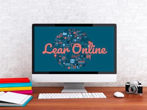 3d Student workspace with computer 스톡 일러스트