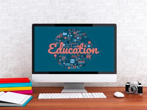 3d Student workspace with computer Stock Illustration