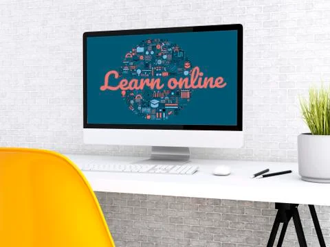 3d Student workspace with computer Stock Illustration