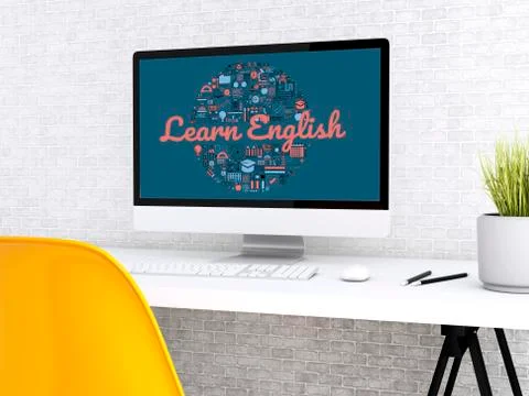 3d Student workspace with computer Stock Illustration
