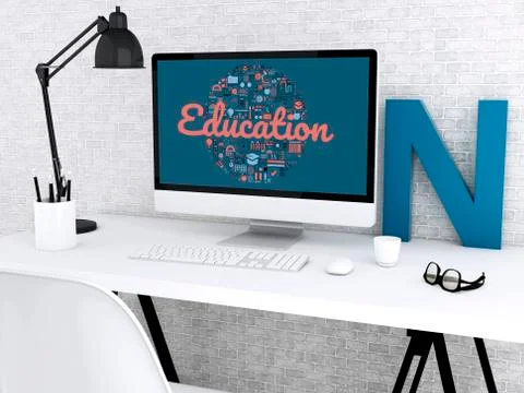 3d Student workspace with computer Stock Illustration