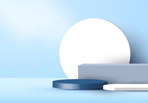 3D studio room display geometric dark blue cylinder pedestal, box, white circ Stock Illustration