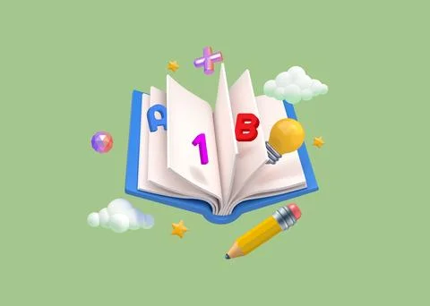 3d study icons. School book or dictionary notebook, open diary for student kn Stock Illustration