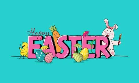 3D Style Happy Easter Text with Cartoon Bunny, Chicken, Carrot, Eggs and Fl.. Stock Illustration