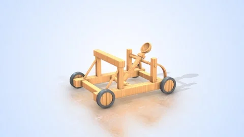 3D Stylized Catapult on a Light Reflective Floor. Catapult 3D Animation. 4K Stock Footage 296496421