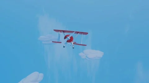 3D stylized model of a toy biplane flying across a blue sky with clouds. animate Stock Footage 155900484