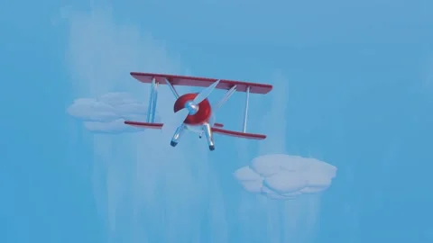 3D stylized model of a toy biplane flying across a blue sky with clouds. animate Stock Footage 155900485