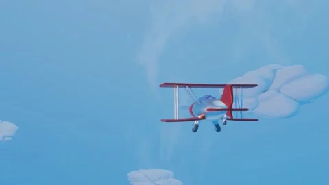 3D stylized model of a toy biplane flying across a blue sky with clouds. animate Stock Footage 155900488