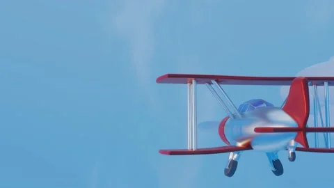 3D stylized model of a toy biplane flying across a blue sky with clouds. animate Stock Footage 155900490