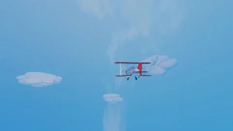 3D stylized model of a toy biplane flying across a blue sky with clouds. animate Stock Footage 155900493