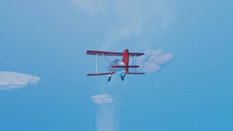 3D stylized model of a toy biplane flying across a blue sky with clouds. animate Stock Footage 155900496
