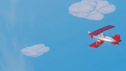 3D stylized model of a toy biplane flying across a blue sky with clouds. animate Stock Footage 155900520
