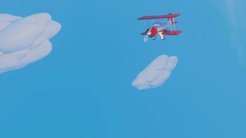 3D stylized model of a toy biplane flying across a blue sky with clouds. animate Stock Footage 155900527