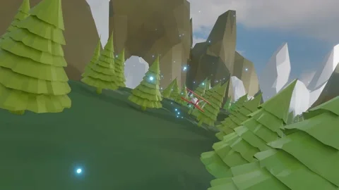 3D stylized model of a toy biplane flying through a low poly landscape with tree Stock Footage 155900530