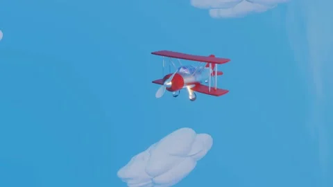 3D stylized model of a toy biplane flying across a blue sky with clouds. animate Stock Footage 155900532