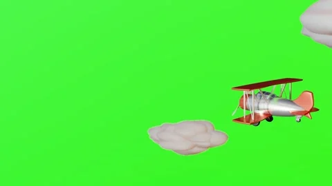 3D stylized model of a toy biplane flies against white clouds on a green backgro Stock-Footage 299689597