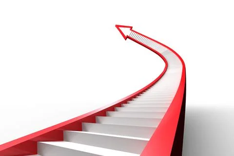 3D stylized red-bordered white staircase arrow is curving upward in blank white Stock Illustration