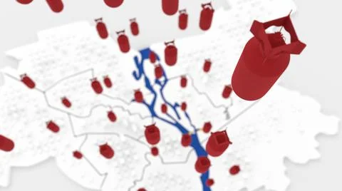 3d stylized schemitic map of Kyiv Kiev capital cyty of Ukraine with bombs fallin Stock Illustration