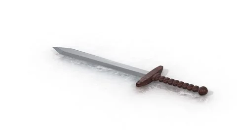 3D Stylized Sword on a White Reflective Floor. Sword with a Wooden Handle. 4K Stock Footage 296381020