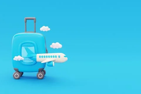3D Suitcase with airplane flying in clouds on blue background, Tourism and .. Stock Illustration