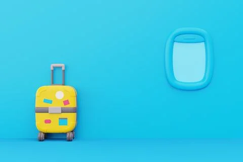 3D Suitcase with airplane window on blue background, Tourism and travel con.. Stock Illustration