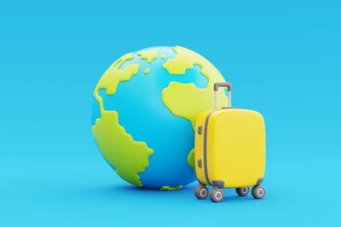 3D Suitcase with globe isolated on blue background, Tourism and travel conc.. Stock Illustration