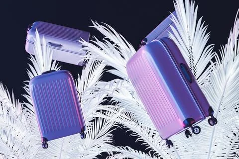 3D suitcases and palm trees against black background Stock Illustration