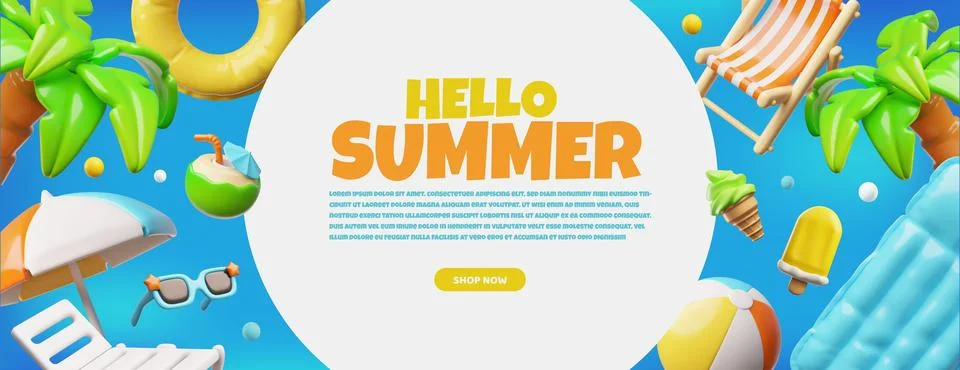 3D summer banner with round frame and beach attributes. Hello summer. Stock Illustration