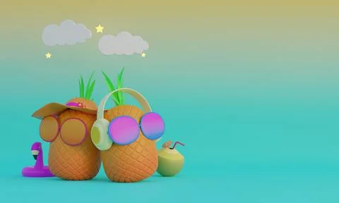 3D summer banner template with pineapple flamingo umbrella 3D Render Stock Illustration