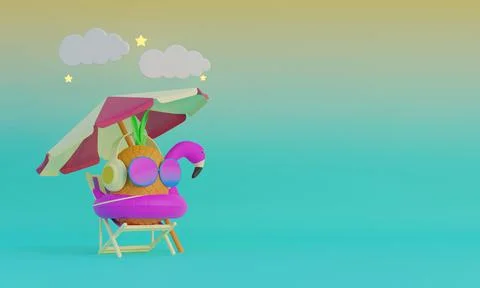 3D summer banner template with pineapple flamingo umbrella 3D Render Stock Illustration