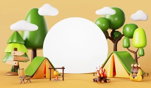 3d summer camp in forest with blank white circle poster. Render cartoon Stock Illustration