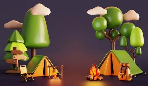 3d summer camp in forest with bonfire and tent at night time. Cartoon render Illustrazione stock