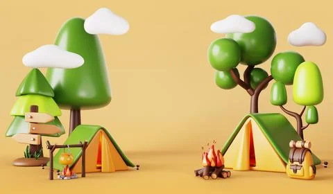 3d summer camp in forest with bonfire, tent, backpack, wood arrow sign. Cartoon Stock Illustration