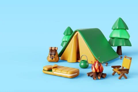 3d summer camp in forest with bonfire, tent, sleeping bag, backpack and chair Illustrazione stock