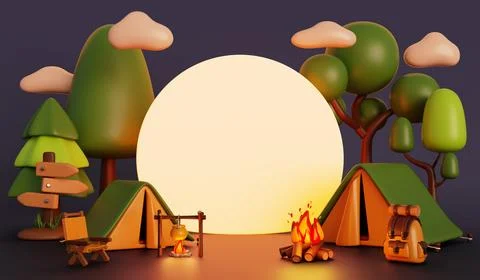 3d summer camp at night time with blank white round poster. Cartoon render Illustrazione stock