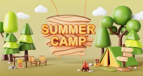 3d summer camp poster with campfire, tent and backpack in forest. Render banner Illustrazione stock