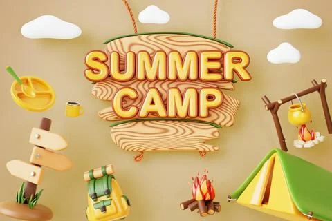 3d summer camp poster with tent, backpack, wooden signboard. Concept of travel Stock-Illustration