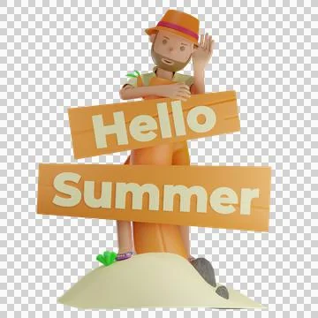 3D summer character and hello summer board with transparent background Stock Illustration