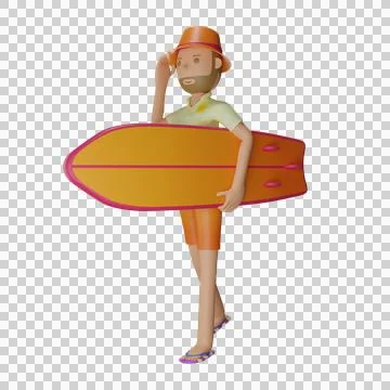3D summer character bring surfing board with transparent background Stock Illustration
